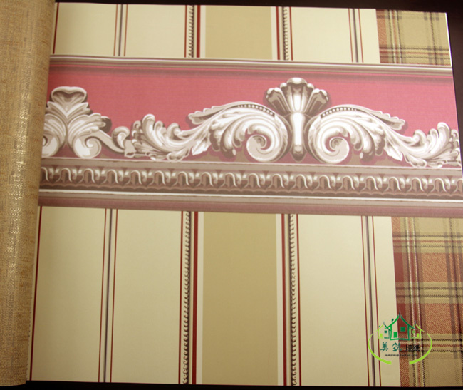 J012美式复古做旧乡村墙纸 红色石膏腰线 欧式纯纸壁纸 客厅房间