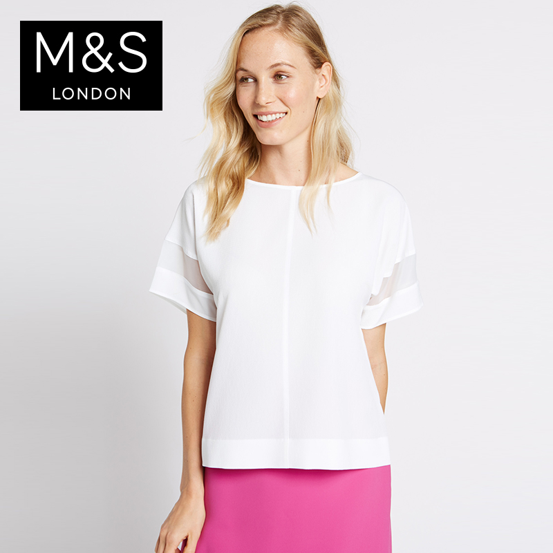 马莎英国玛莎 女透明短袖圆领茧型白色衬衫上衣夏 T436356 广