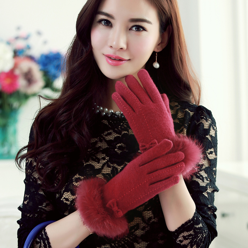 布塔新款羊毛手套女 冬天韩版可爱蝴蝶结全指羊毛 加厚保暖手套女