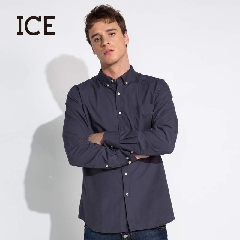 ICE2017秋季男士修身纯棉休闲纯色长袖衬衫 纯色打底长袖韩版寸衣