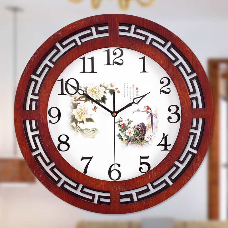 中式客厅时钟挂钟中国风实木圆形挂表时尚简约复古大气静音电子钟