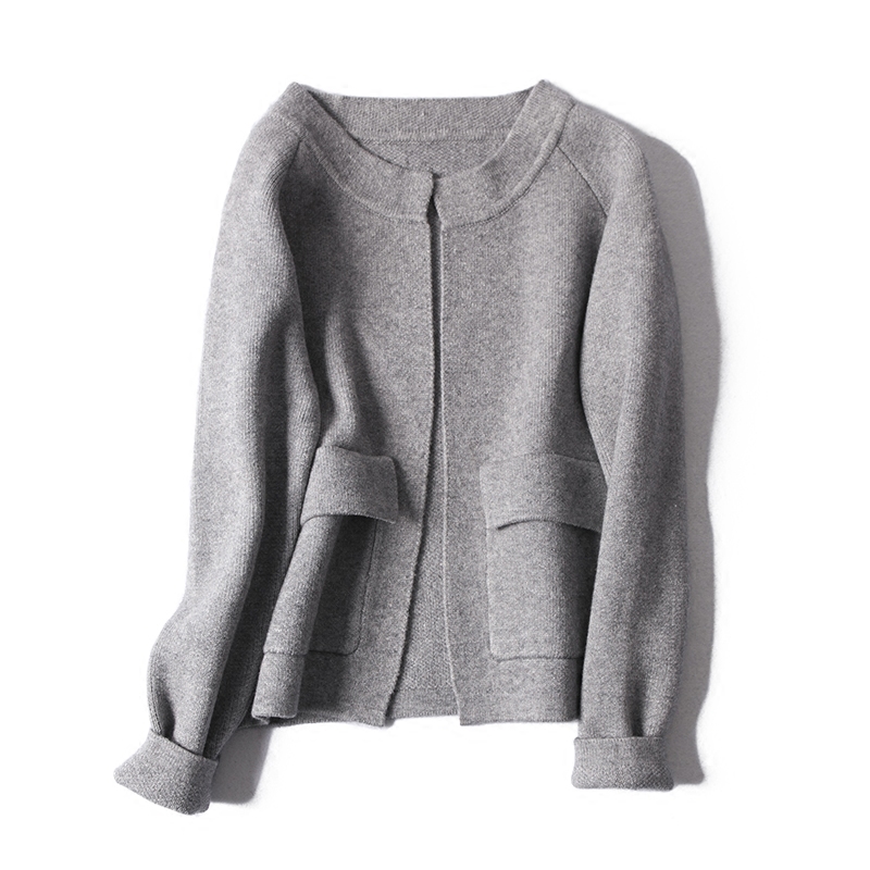 简单实穿性高~休闲双口袋设计舒适羊毛针织开衫纯色短外套女冬52