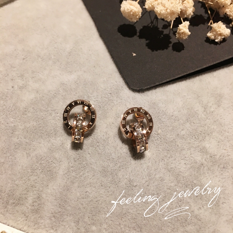 韩国欧美时尚简约罗马数字双环圈圈钛钢玫瑰金耳钉耳环饰品