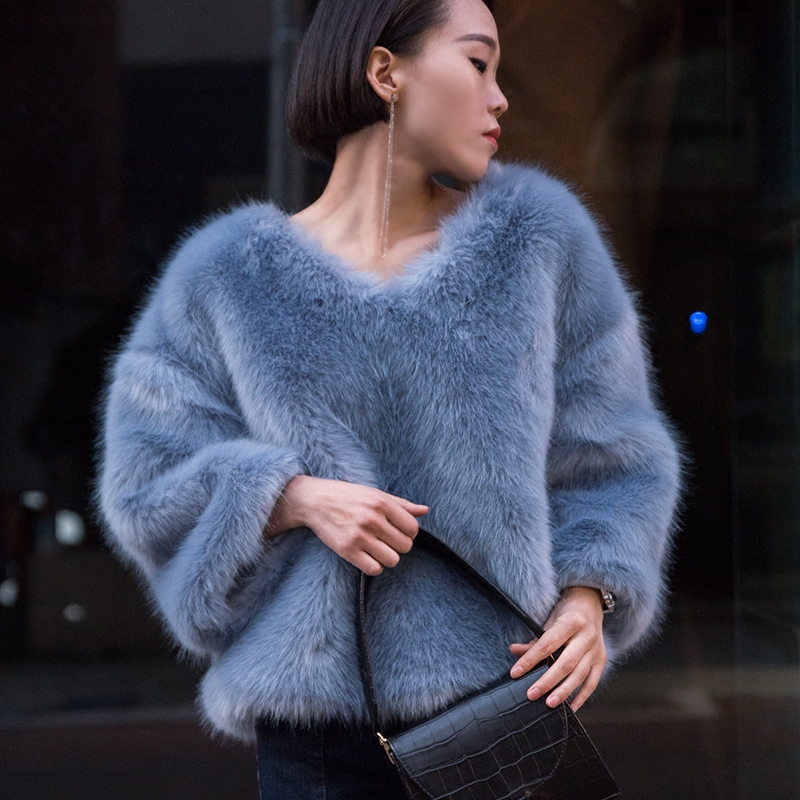 M私搭 韩国设计师定制 天蓝色仿皮草V领上衣保暖 2017冬季女装新