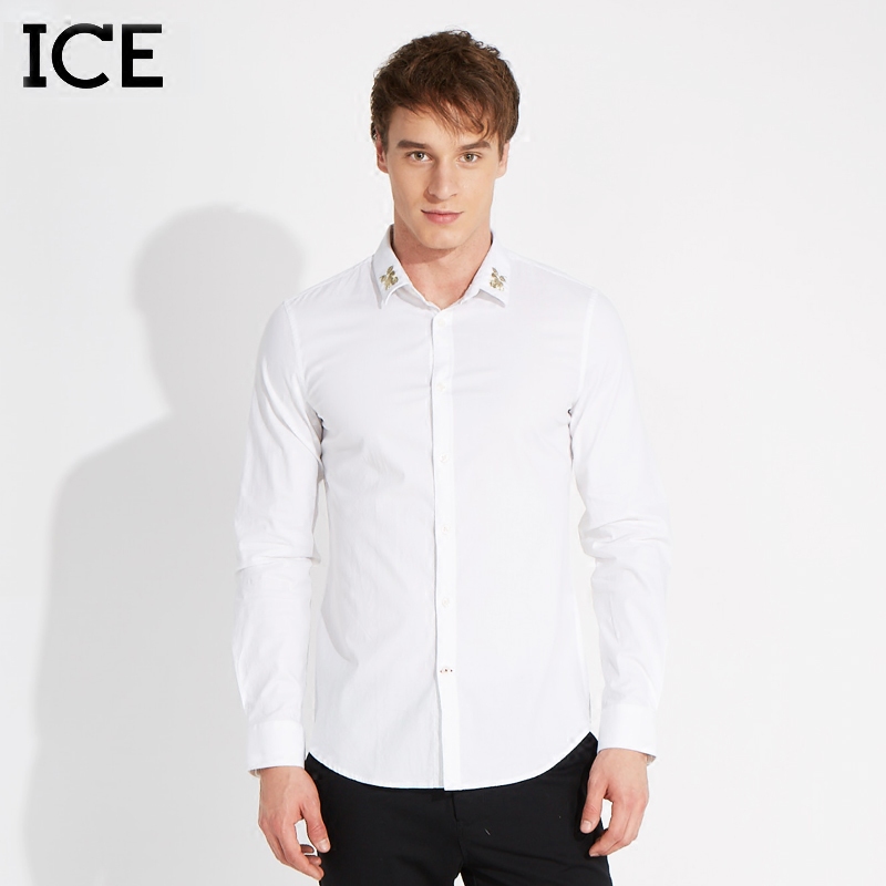 ICE2017秋装新款 男士修身长袖潮牌衬衫领口刺绣婚礼衬衣专柜正品