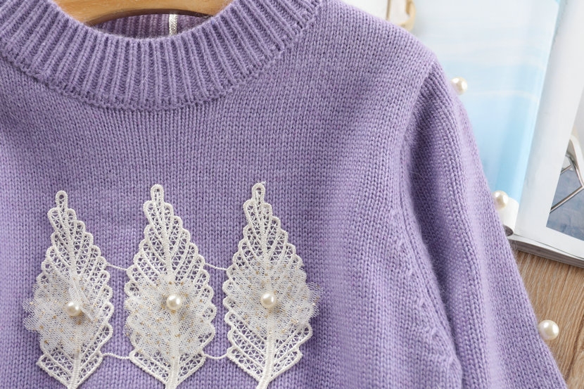 新款17女童宝宝订珠兔毛混纺淡紫色毛衣休闲针织衫韩版潮款打底衣