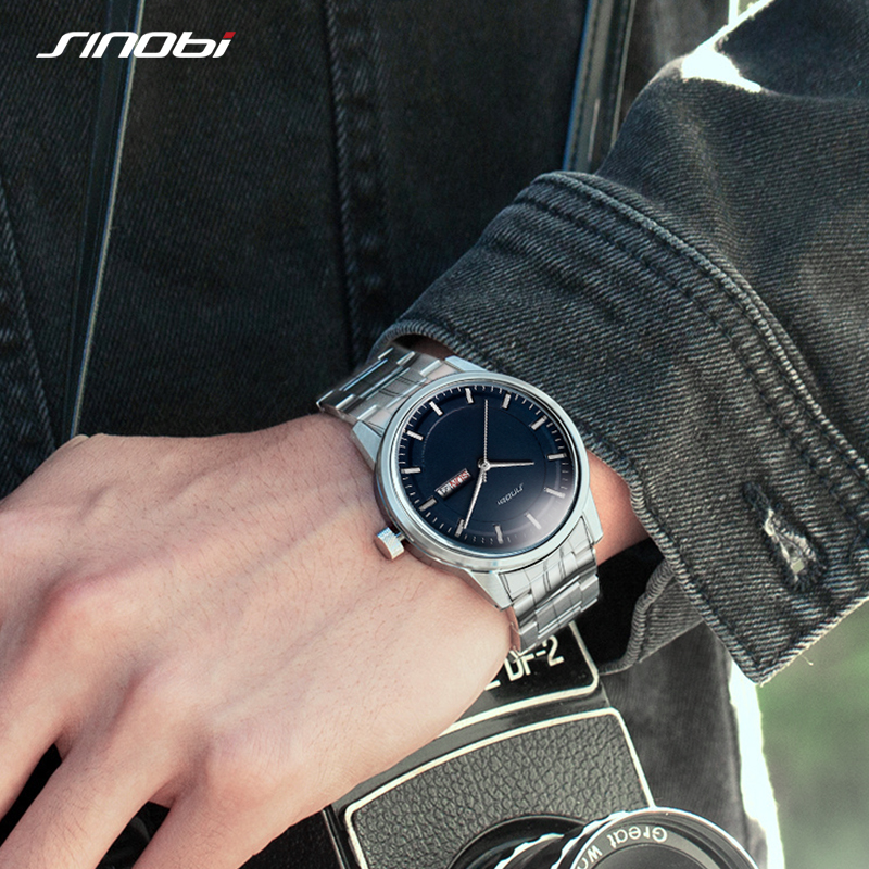 时诺比新款外贸款手表双日期男士手表防水石英表简约大表盘钢带表