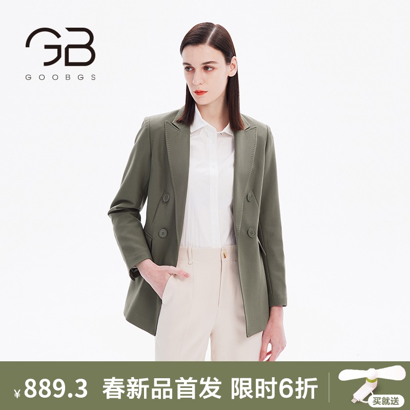 谷邦西服外套2022年爆款春装设计感小众直身浅草绿西装外套女