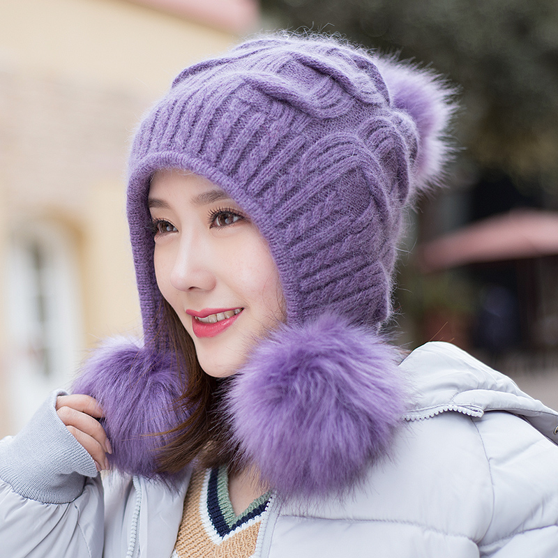 帽子女秋冬季爆款韩版针织帽时尚洋气百搭兔毛护耳加厚保暖毛线帽