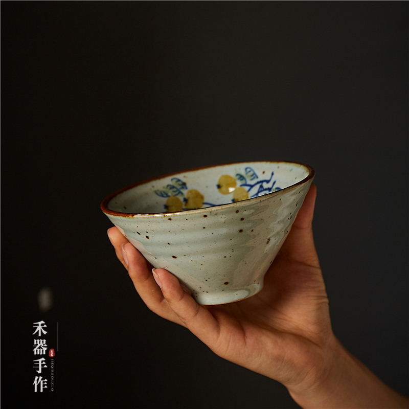 粗陶手绘斗笠型米饭碗青花釉下彩中式餐具汤碗点心碗水果碗圆碗
