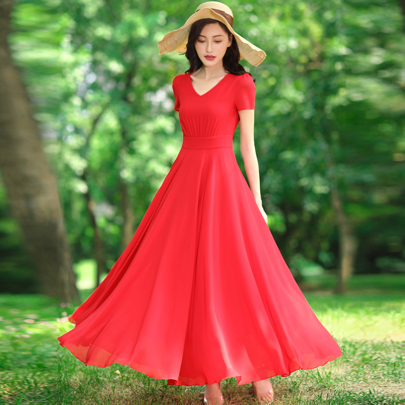 连衣裙女2022夏新款修身雪纺大摆红裙 V领气质长裙波西米亚沙滩裙