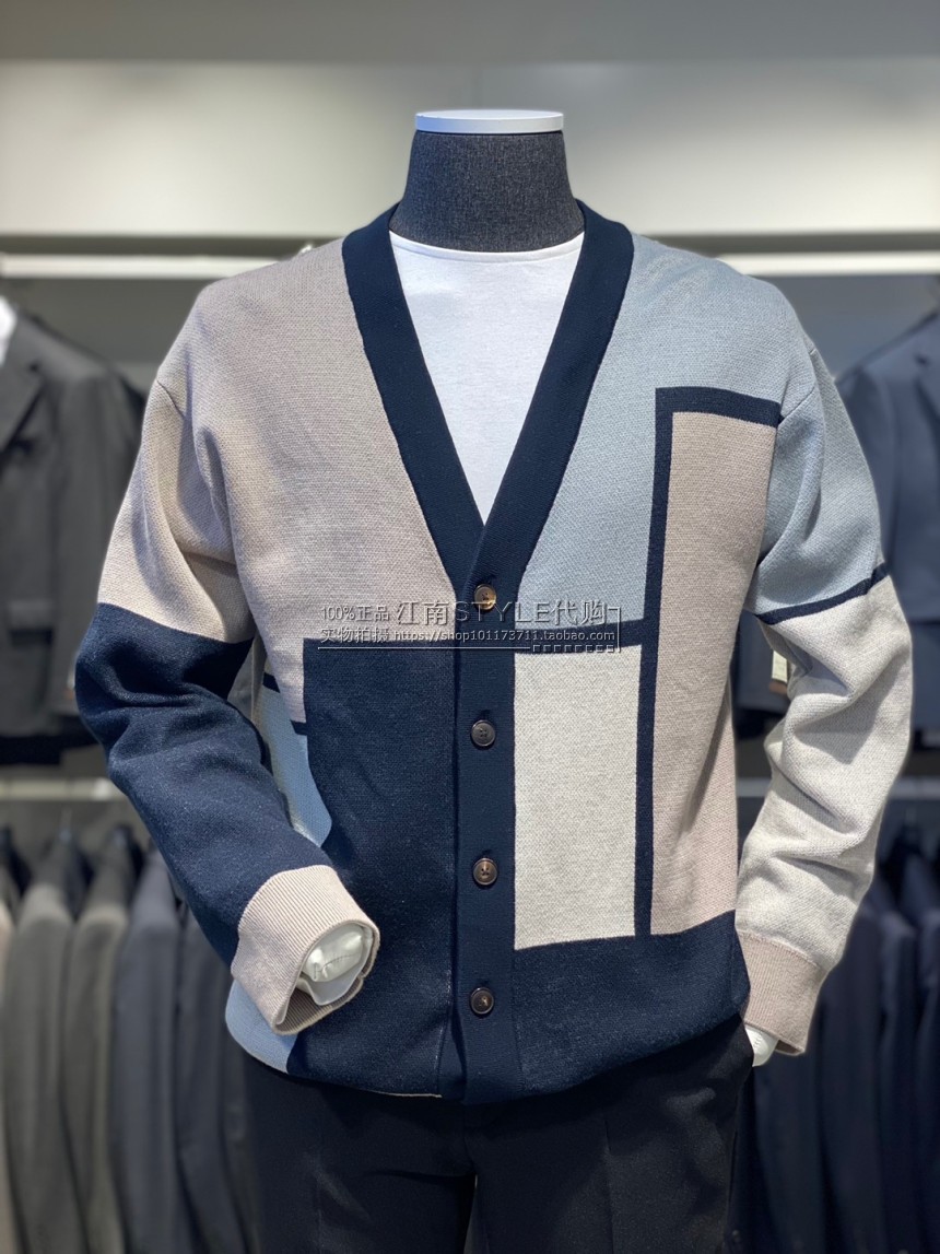 22年春季ZIOZIA高端ANDZ代购韩版V领单排扣米色拼接针织毛衣外套