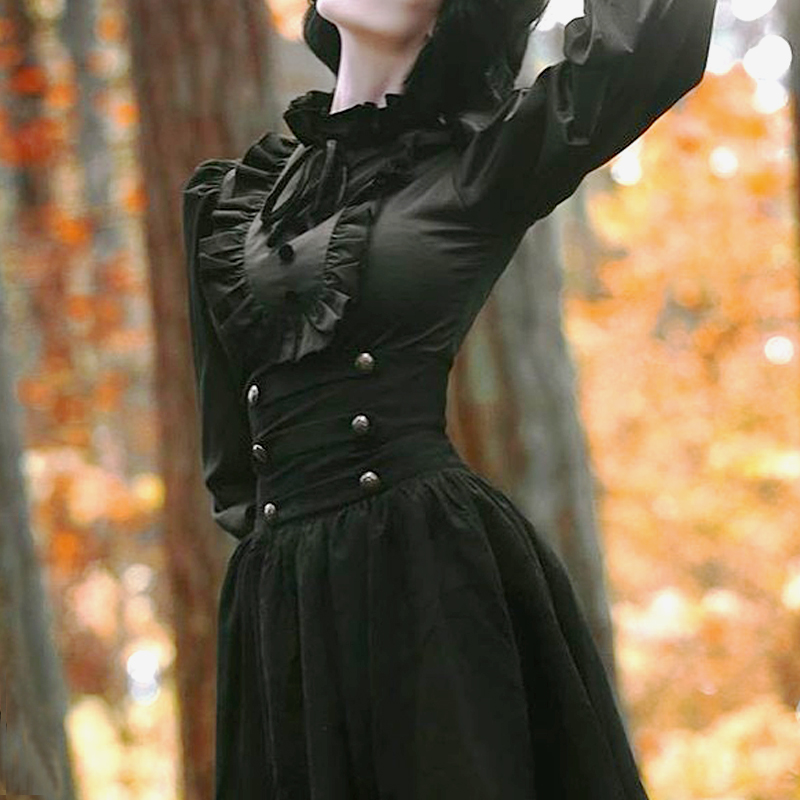【Lace Garden】+魔法学院+复古宫廷风羊腿袖荷叶边黑衬衫lolita