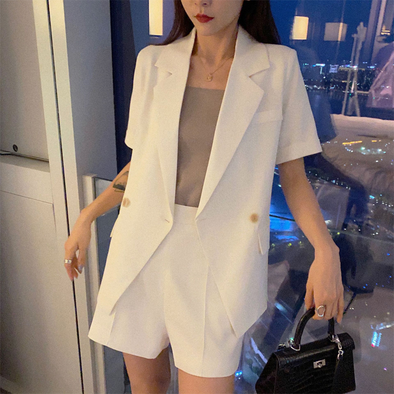 韩版夏季薄款雪纺西装外套女时尚休闲气质学生职业套装短裤两件套