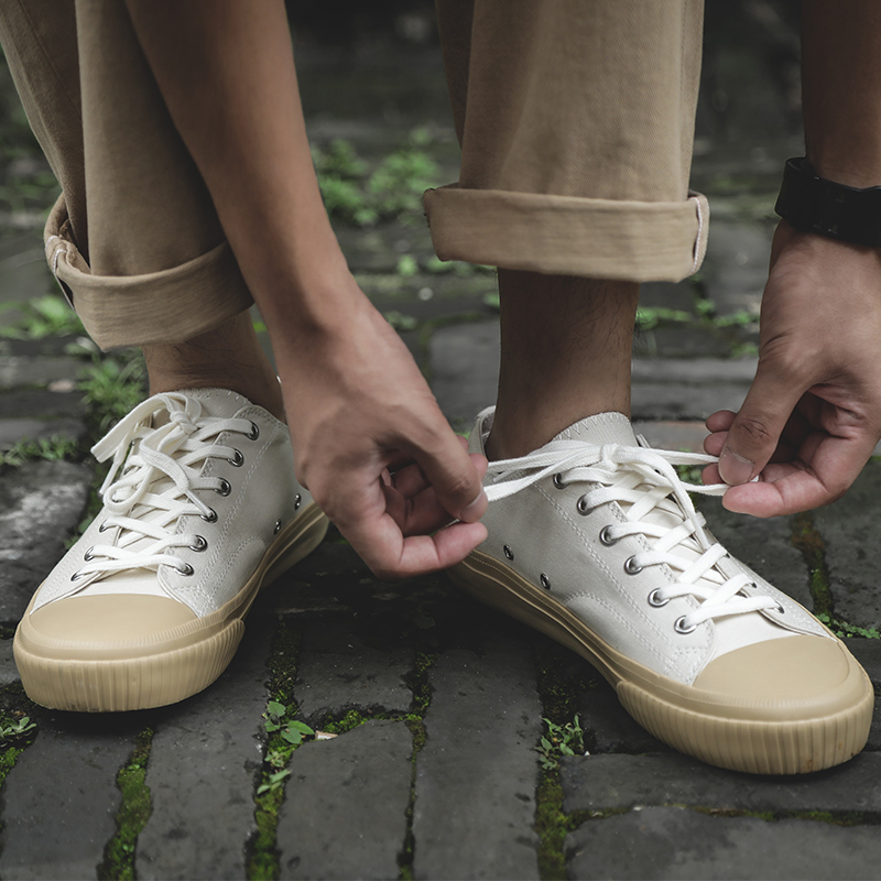 窄幅vintage白色硫化鞋 男女帆布鞋 阿美咔叽复古手工低帮休闲鞋