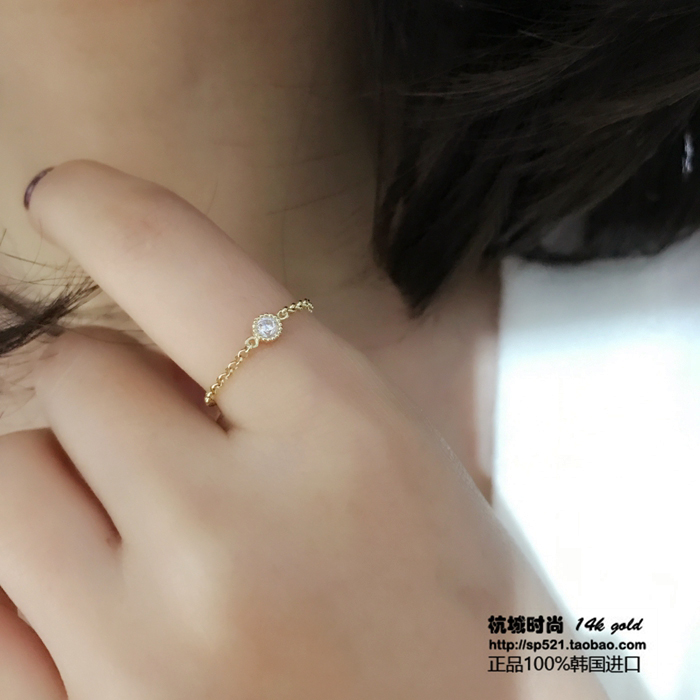 韩国流行清新14K金 黄金戒指女 圆环锆石细链戒指指环软戒日系