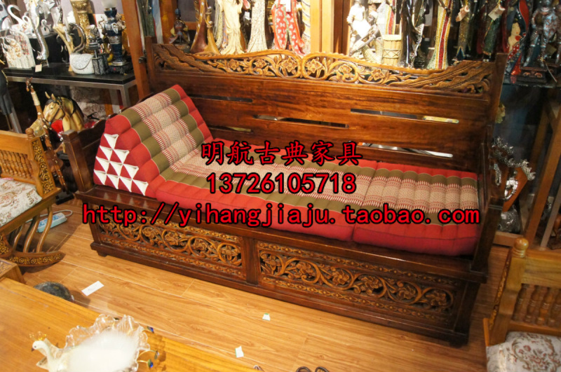 泰式软包沙发民宿酒店装修 实木雕花双人贵妃椅 定制东南亚沙发床