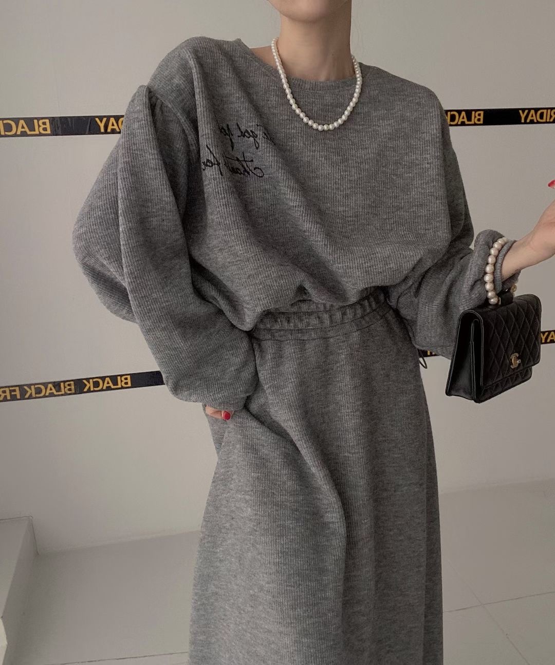 韩国chic法式小众春秋装厚实保暖字母抽绳卫衣+大摆伞半身裙套装
