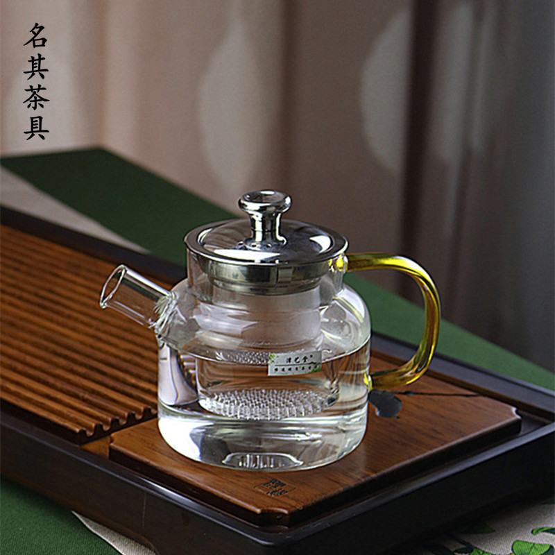 高硼硅玻璃泡茶壶加厚耐热纯色单壶中式冲茶壶蓝色绿色黄色透明把