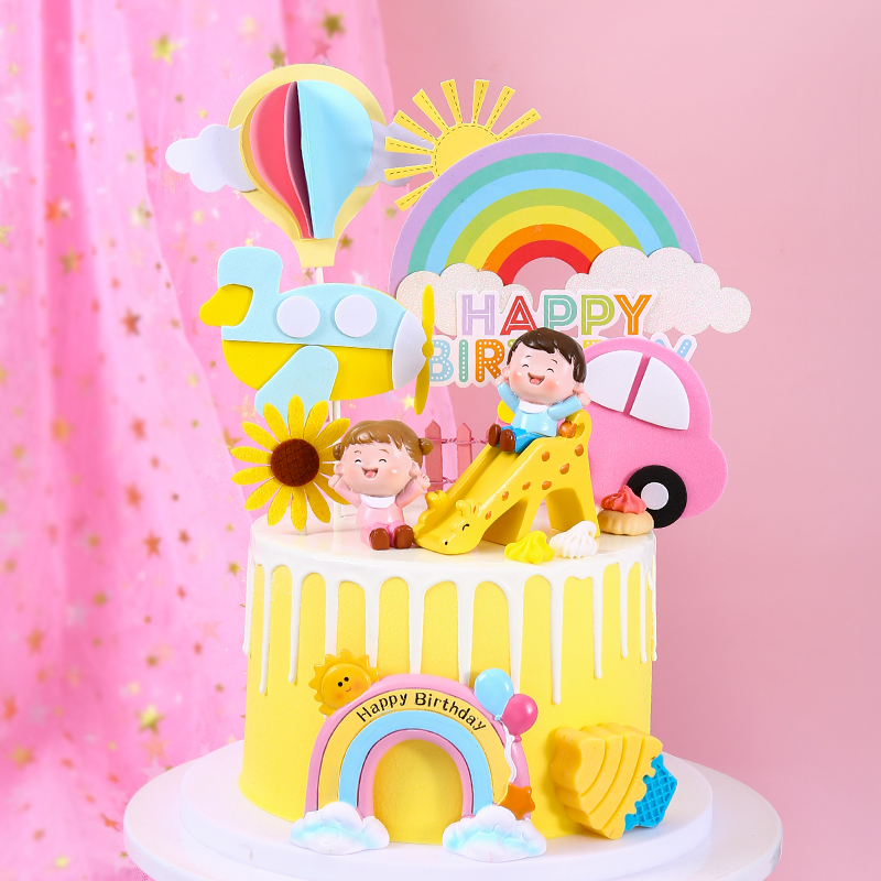 六一儿童节烘焙蛋糕装饰幼儿园小朋友彩虹滑滑梯玩偶摆件彩色插牌