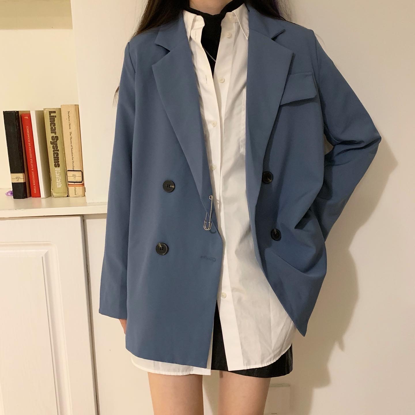 鬼马少女韩国chic西服新款小个子简约气质双排扣宽松蓝色西装外套