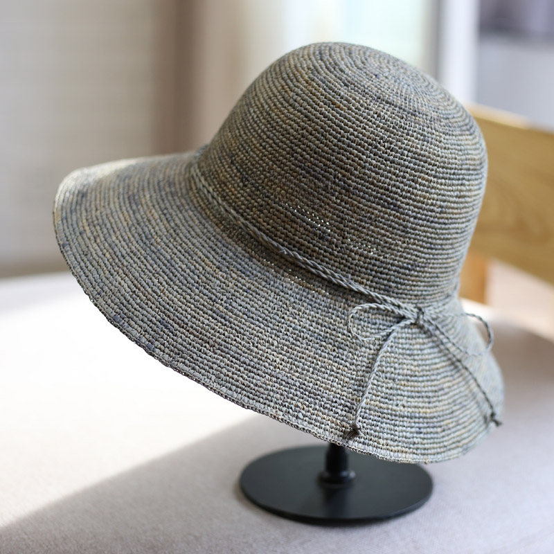 手编编织拉菲草帽子女士夏季韩版大檐沙滩帽防紫外线遮阳帽可折叠