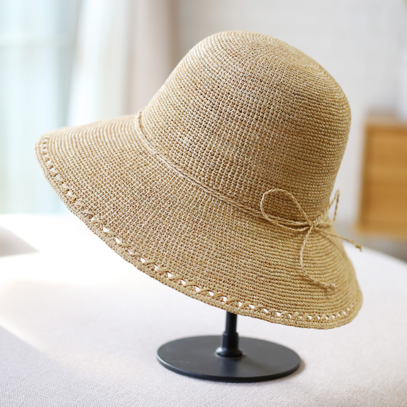 出游拉菲草帽子女士夏韩版大檐沙滩帽防紫外线遮阳帽可折叠女防晒