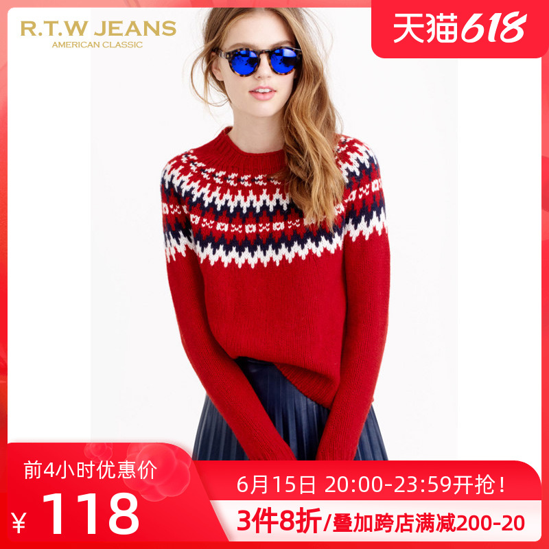 [成人女装] RTW JEANS女装20秋装女子套头针织毛衣几何撞色图案