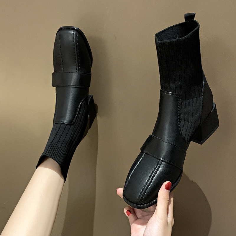 切尔西短靴女2021新款粗跟瘦瘦靴子女秋冬马丁靴女小个子加绒袜靴