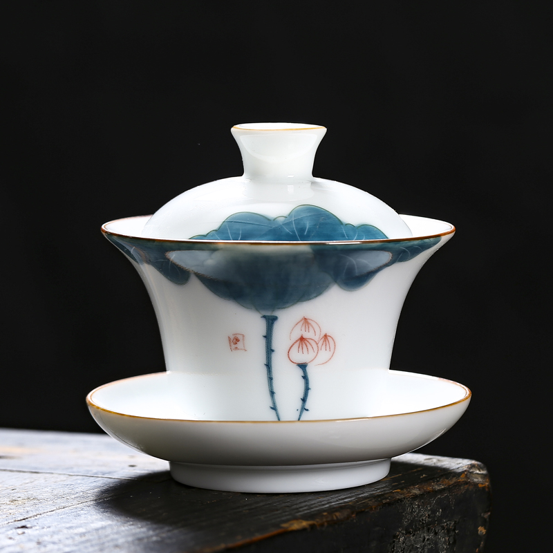 家用青花瓷三才盖碗手绘陶瓷茶具泡茶碗釉下彩盖杯单个茶碗茶杯壶