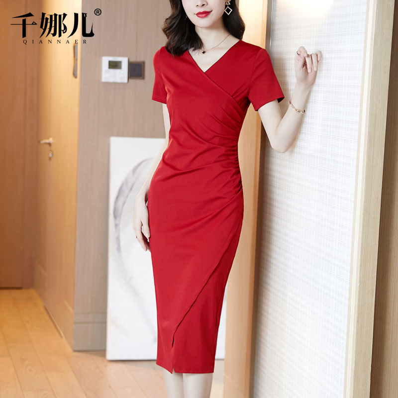 红色连衣裙长款高端女夏2022新款包臀开叉短袖V领气质显瘦长裙子