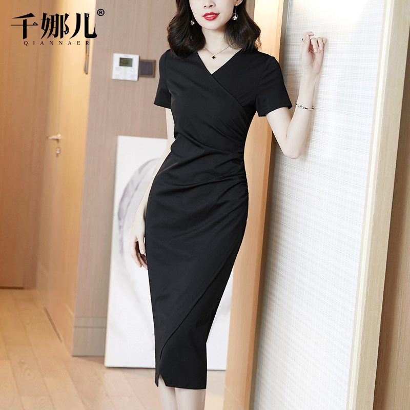 黑色长裙连衣裙女夏季2022新款优雅高端V领收腰修身显瘦气质裙子