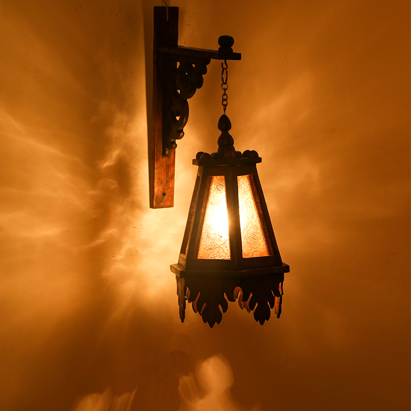 木制庭院玻璃吊灯 实木酒店装饰灯 泰国特色壁灯复古怀旧客厅吊灯