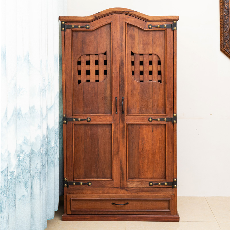 泰国实木两门衣柜复古原木全实木家用卧室整装简易衣柜东南亚家具