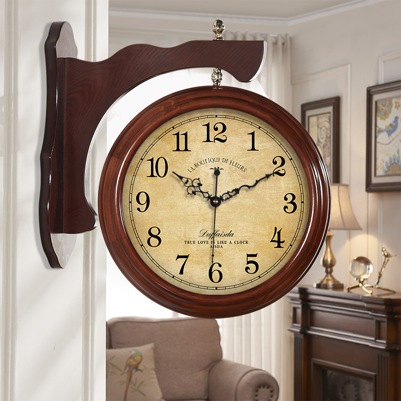 爱时达北欧式实木双面挂钟客厅美式静音两面时钟新中式石英钟表