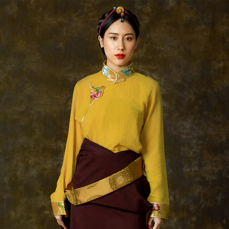 西藏藏风  姜黄色白色衬衣藏装女 古装上衣藏族衣服女 民族风春秋