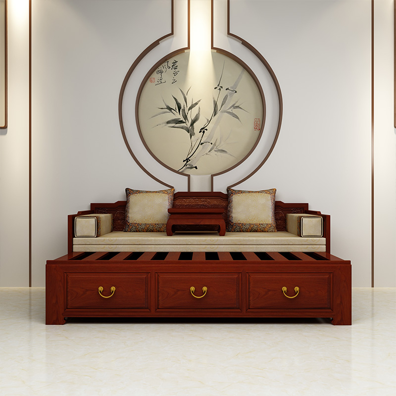 原木中式实木罗汉床红木小户型伸缩床家用新中式小户型推拉床定制