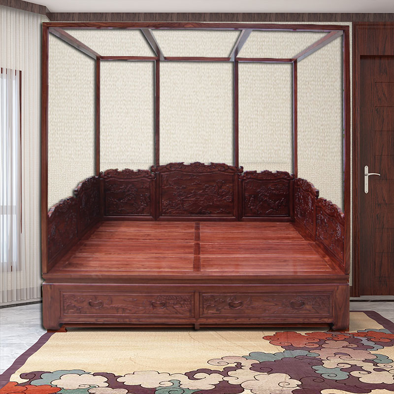 新中式原木全实木沙发床雕花罗汉床架子床中式多功能小户型储物床