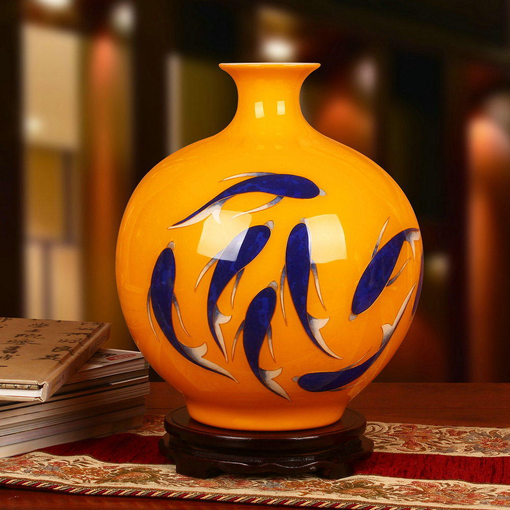 景德镇陶瓷器 金丝麦秆年年有鱼黄色花瓶 中式书房工艺品摆件摆设