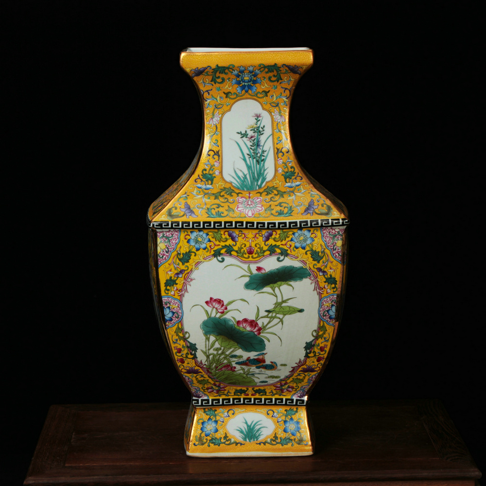 景德镇陶瓷器花瓶 仿古珐琅彩金黄色四方花鸟花瓶 书房客厅装饰品