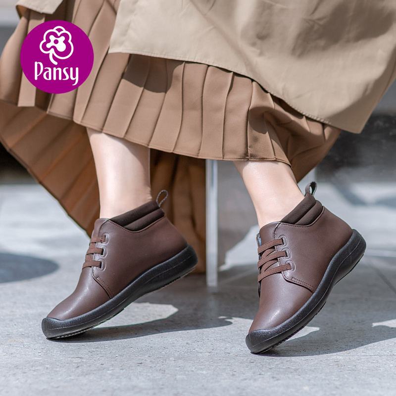 pansy日本女鞋新款短靴平底秋鞋软底防滑圆头高帮休闲鞋秋季