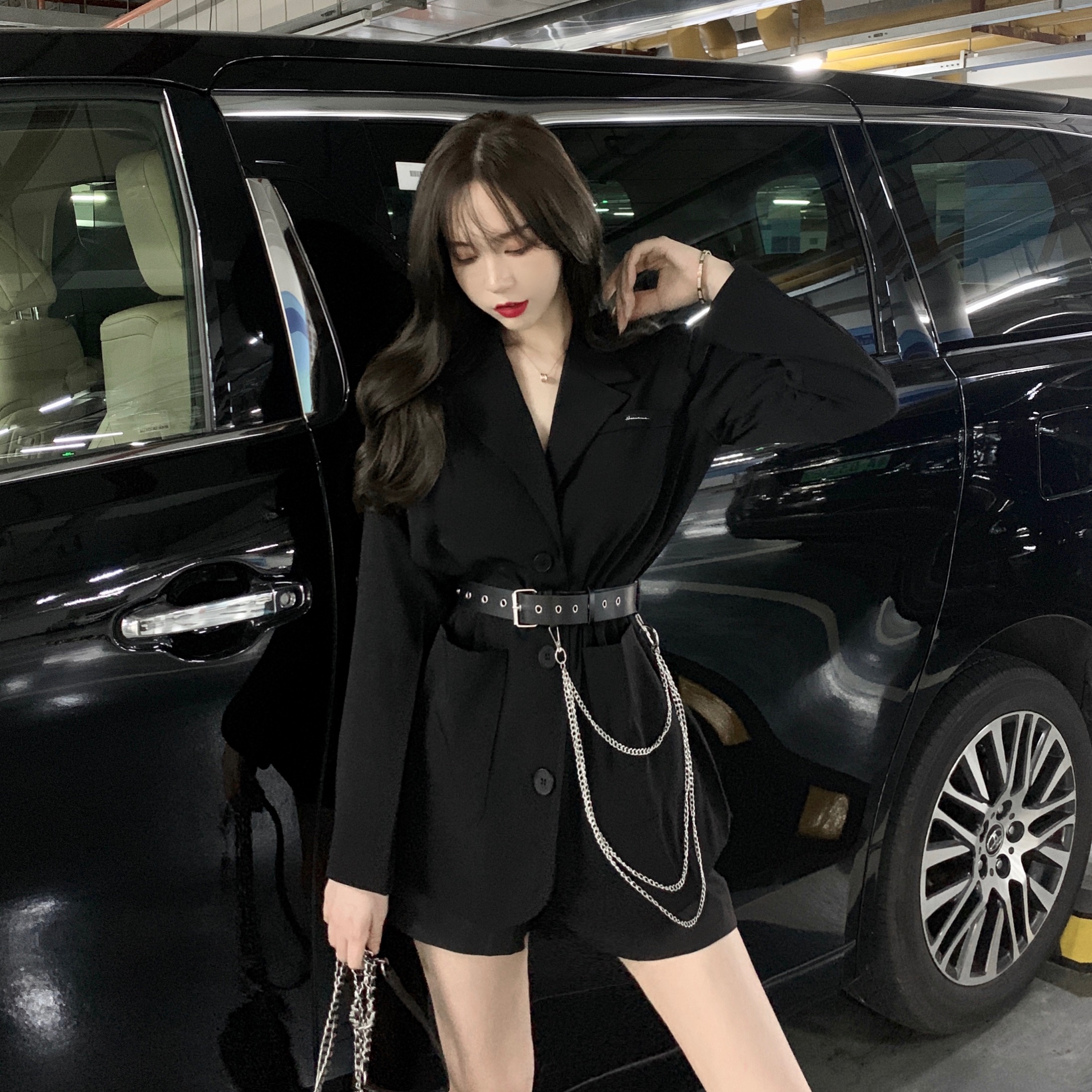 Ry 2019新款韩版时尚百搭修身中长款网红西装外套女+链条腰带