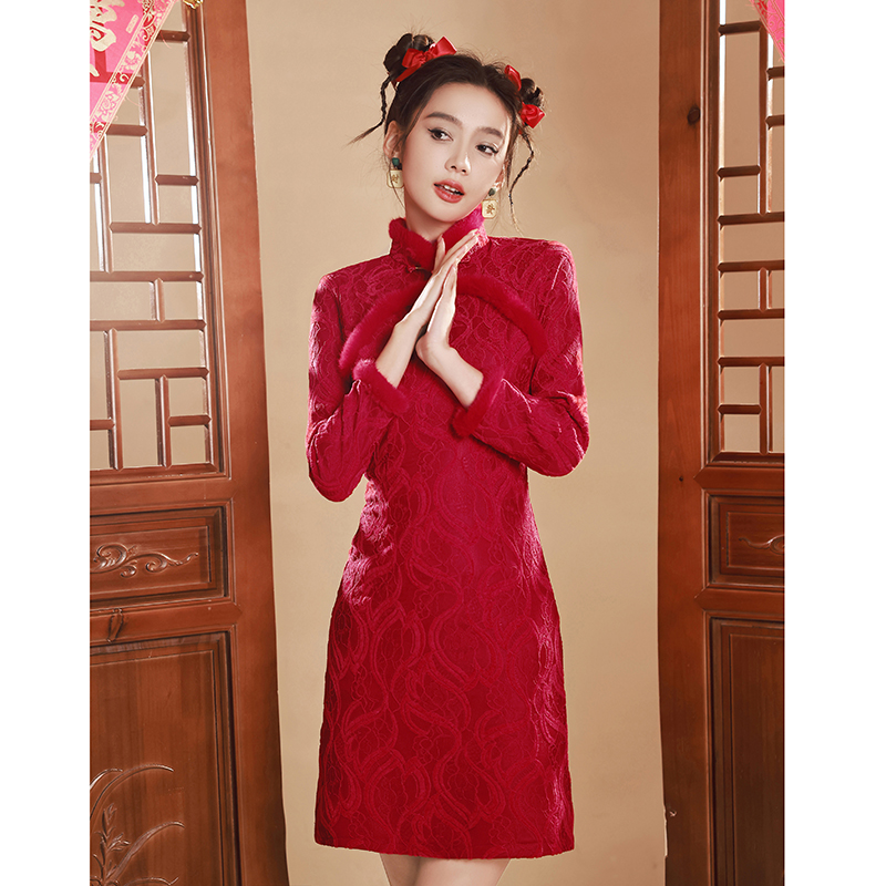 红色过年旗袍女冬季加绒小个子新中式冬款加厚新年唐装拜年服小袄
