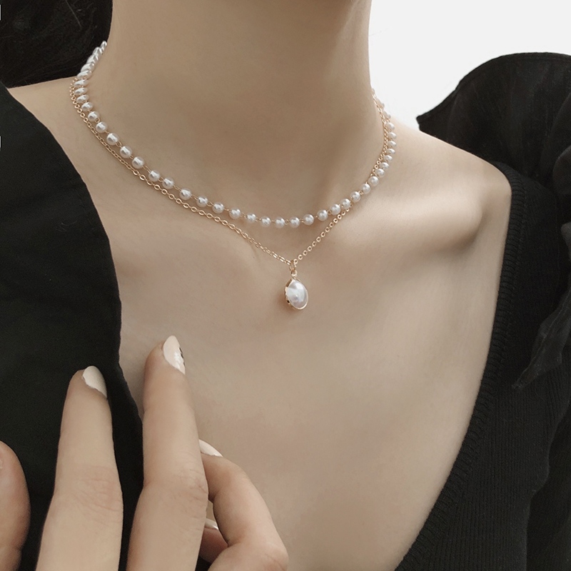 简约气质时尚双层复古网红小众设计感法式珍珠项链女夏锁骨链饰品
