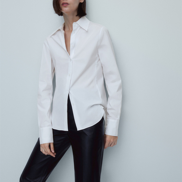 西班牙 女装 秋季新品休闲版型棉质修身显瘦府绸长袖气质白色衬衫