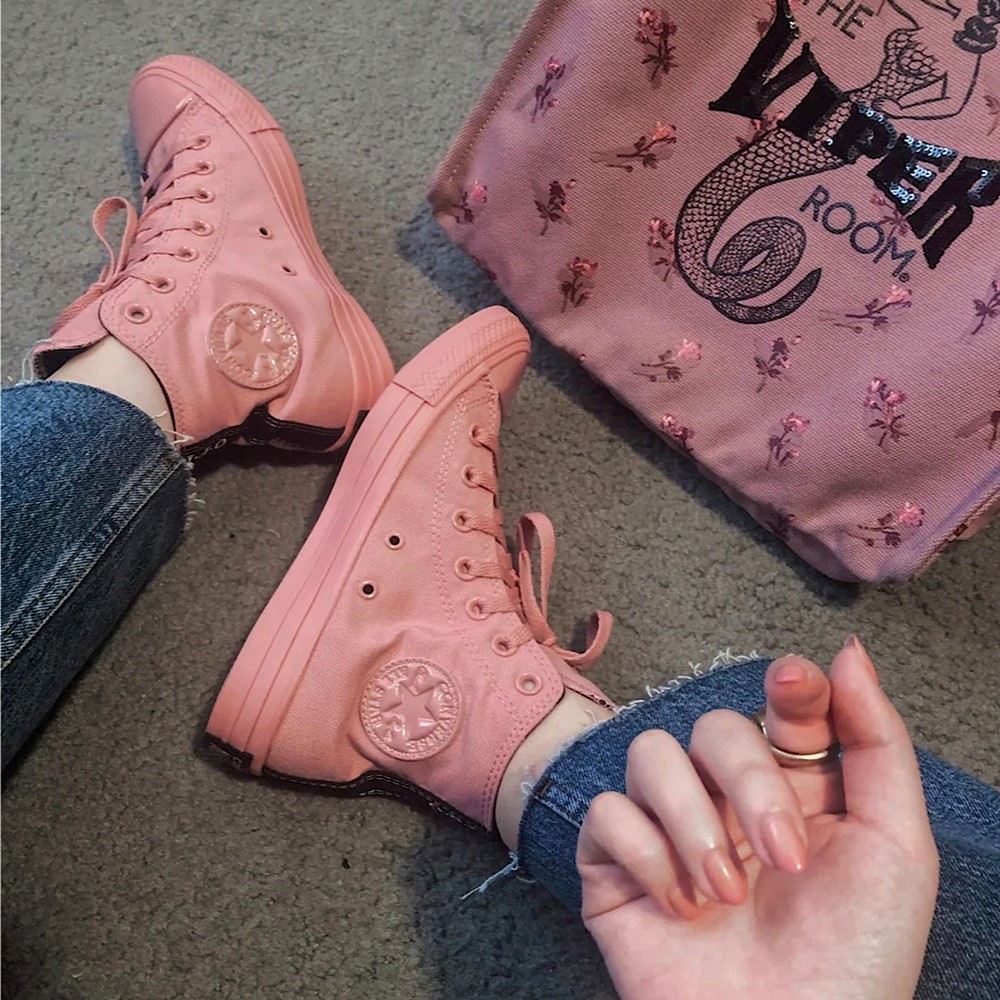 粉红色指甲油高帮帆布鞋联名款女鞋板鞋纯色系带百搭透气平底休闲