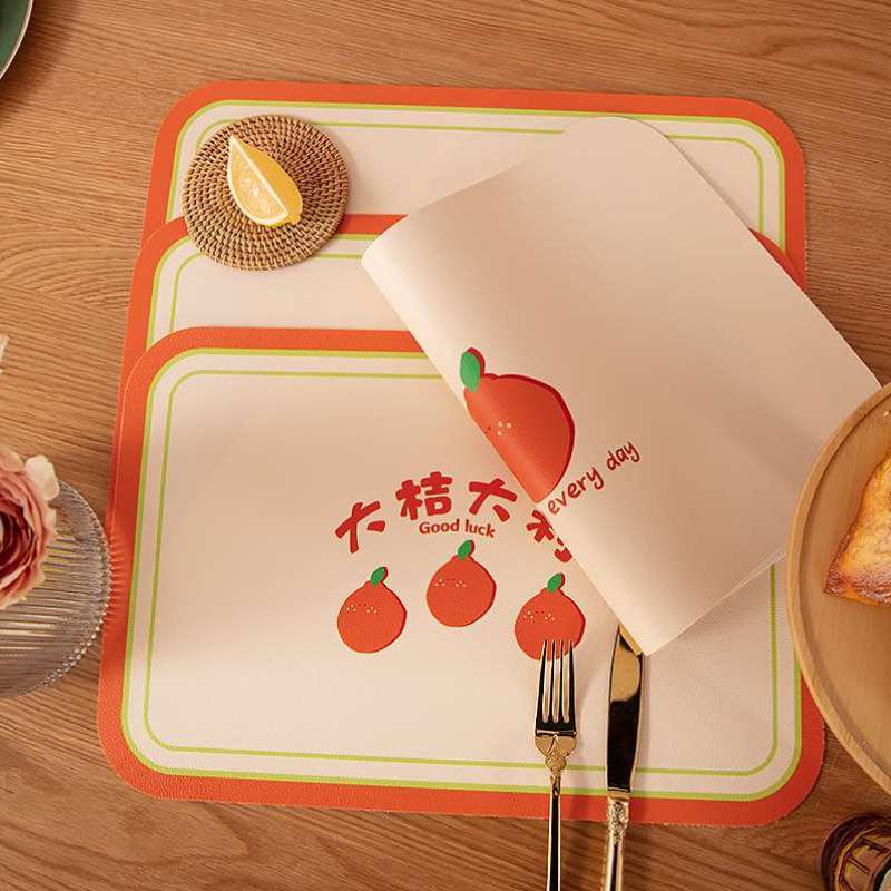 PVC隔热垫北欧橘色皮革餐垫免洗防水防油桌垫大尺寸家用西餐垫子