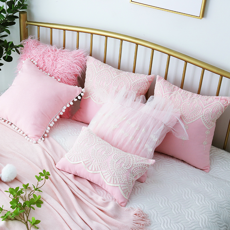 北欧风格粉红色抱枕套少女心沙发靠枕蕾丝花边公主风粉色床头靠垫