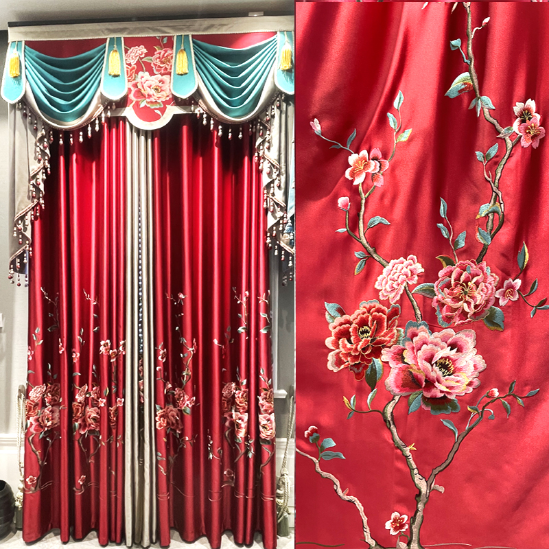 新款中式窗帘红色客厅卧室古典豪华宫廷婚庆绣花仿真丝定制窗纱帘