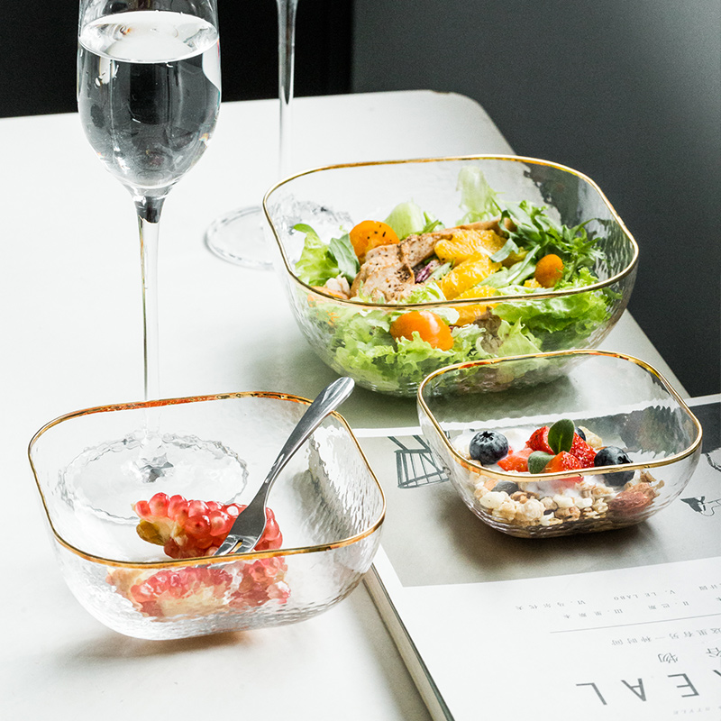 创意方形金边玻璃碗甜品碗水果蔬菜沙拉碗燕窝碗糖水银耳碗早餐碗